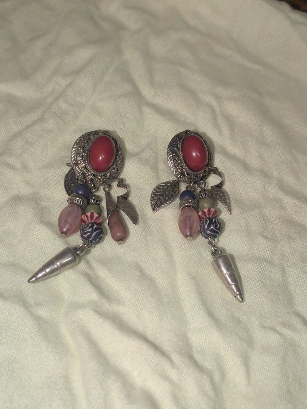 Boho Maroon And Navy Beaded Drop Earrings with Silver Leaf Accents